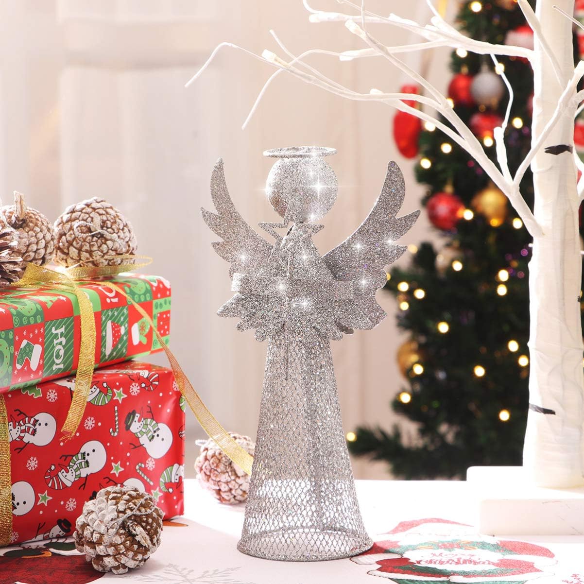 PRETYZOOM Christmas Silver Angel Tree Topper, Exquisite Glitter 3D Angel Figure Ornament for Party Home Xmas Tree