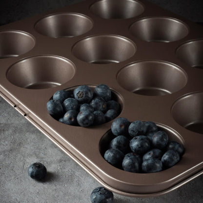 HAPPIELS Non Toxic Nonstick 12 Cup Muffin Pan | PFOA BPA free Nontoxic Cupcake Tin | Best Non Stick Muffin Pans | Muffin tins | Cupcakes Tray | Carbon Steel Bakeware Mold Trays