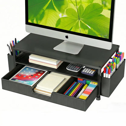 ECOLOVI Desk Organizer and Accessories, 2-Tier Computer Monitor Stand Rise with Storage Drawer & 2 Pen Holders, Laptop & Printer Stand for Desktop, Workspace Organizers for Office Supplies (Black)