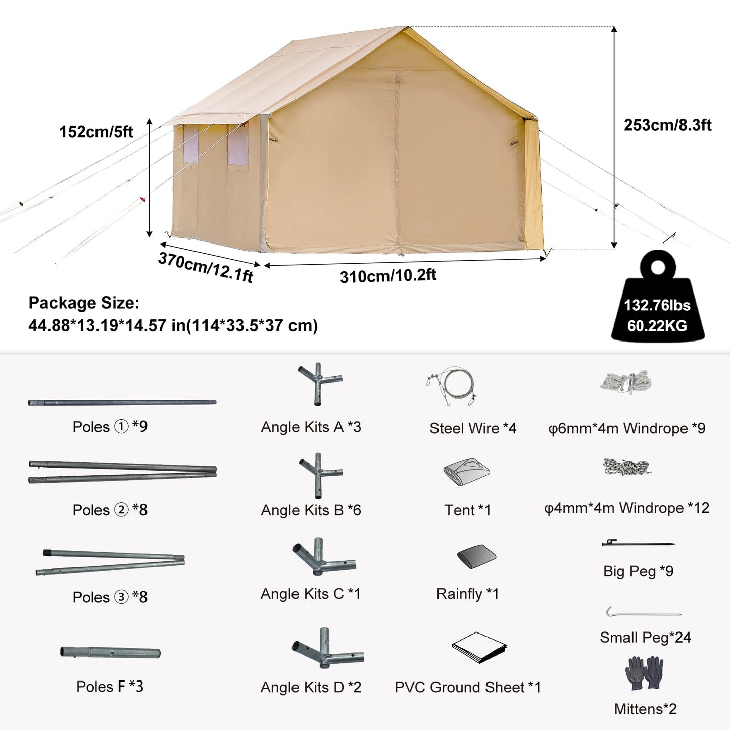 WaldZimmer Cotton Canvas Wall Tent with Rain Canopy Waterproof Outdoor Tent for Hunting Family 4 Season Camping Tents Heavy Duty Steel Frame&PVC Floor, Beige