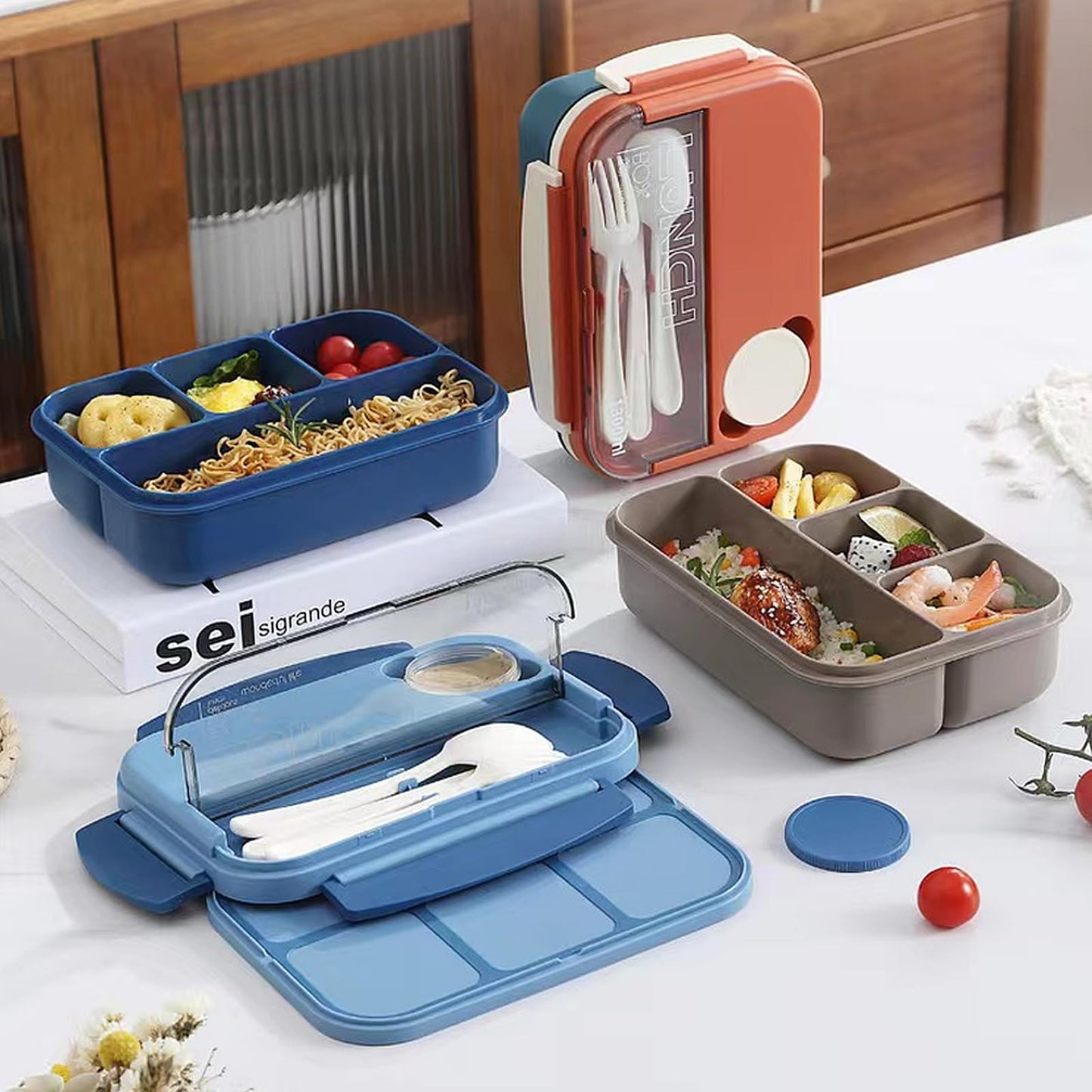 Scizorito Bento Box Adult Lunch Box, 44 oz Containers with 4 Compartments, Lunchable Food Container with Utensils, Sauce Jar, Microwave & Dishwasher Safe (White-Grey)