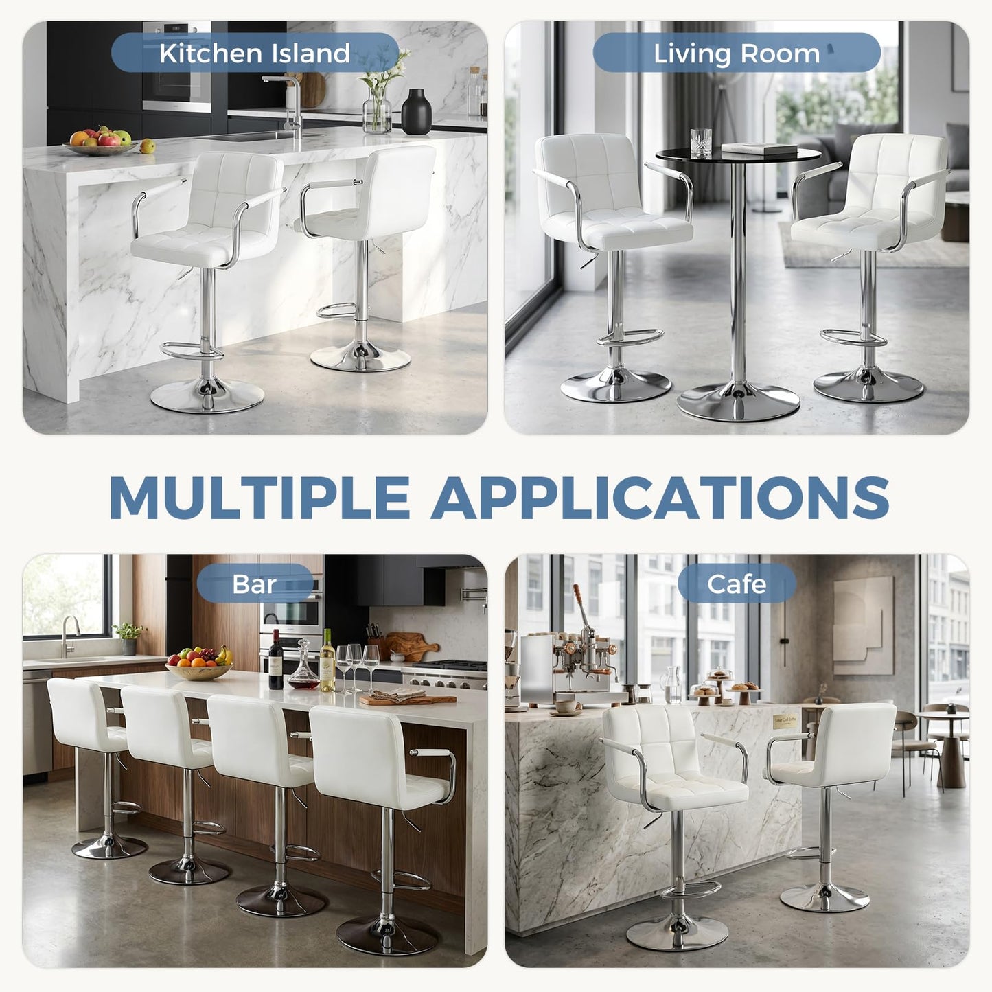 DUMOS Bar Stools Set of 4, Adjustable Swivel Bar Chairs with Padded Armrests and Ergonomic Backrest for Kitchen Island Counter Pub Dining Room, Water-Resistant PU Leather, White