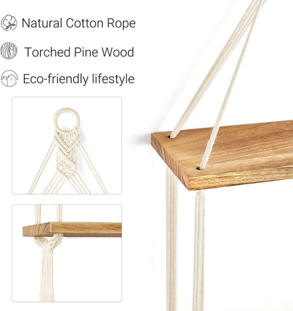 2 Mkono Macrame Hanging Shelf Boho Wall Decor Tier Handmade Cotton Rope Rustic Wood Floating Shelves Display Photos