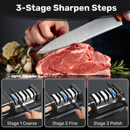 Enutogo Knife Sharpener, 3-Stage Electric Knife Sharpener for Kitchen Knives, 100% Diamond Abrasive with Quick Sharpening & Polishing, Professional Sharpening Tool with Metal Dust Collection Box
