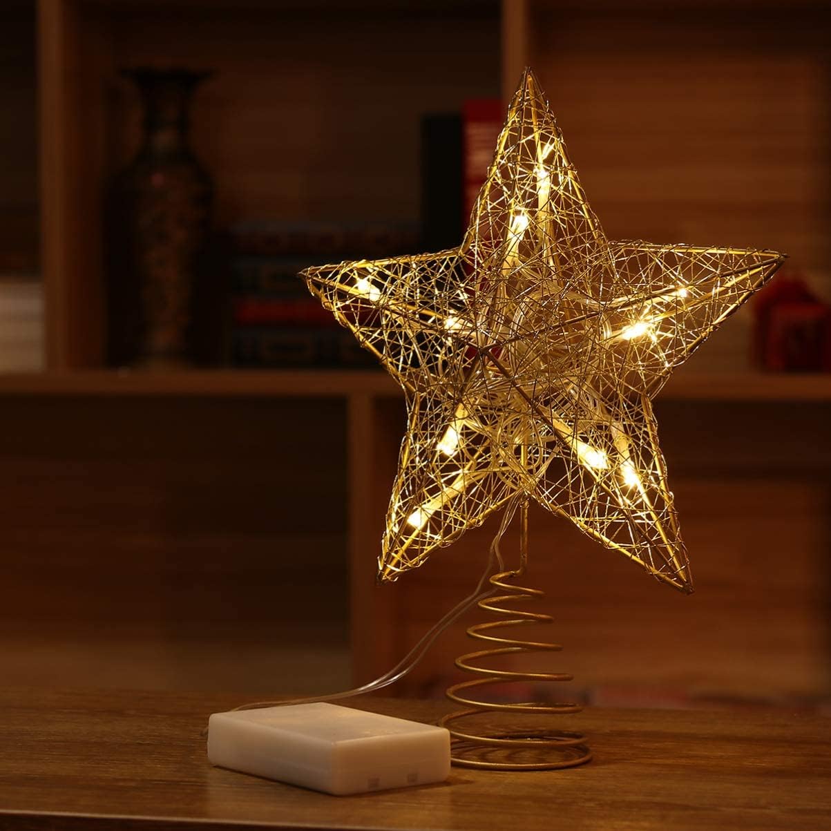 10 Inches LED Christmas Tree Topper, Glitter Gold Hollow Star Treetop, Christmas Ornaments for Tree Decor