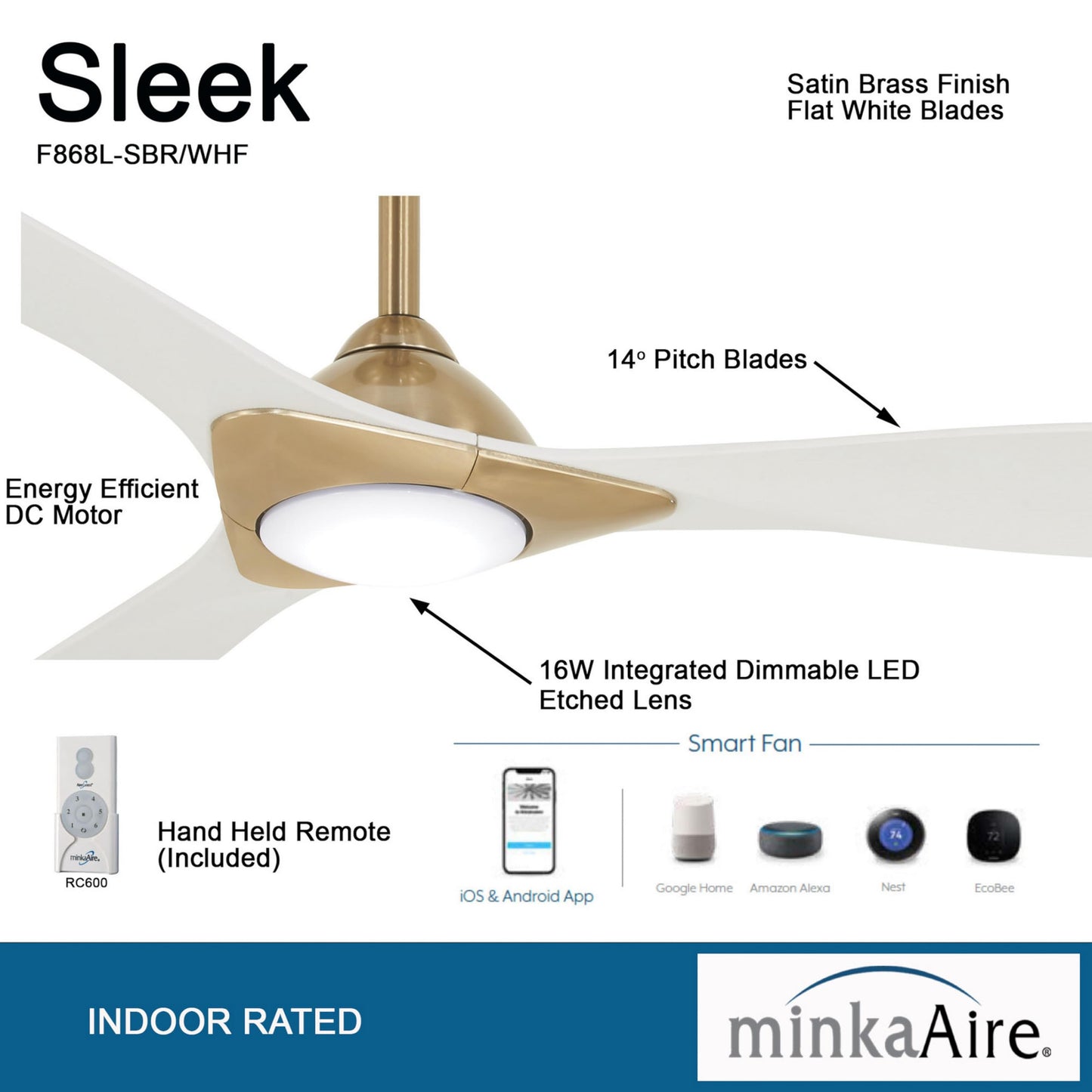 MINKA-AIRE F868L-SBR/WHF Ceiling Fan, Soft Brass/Flat White