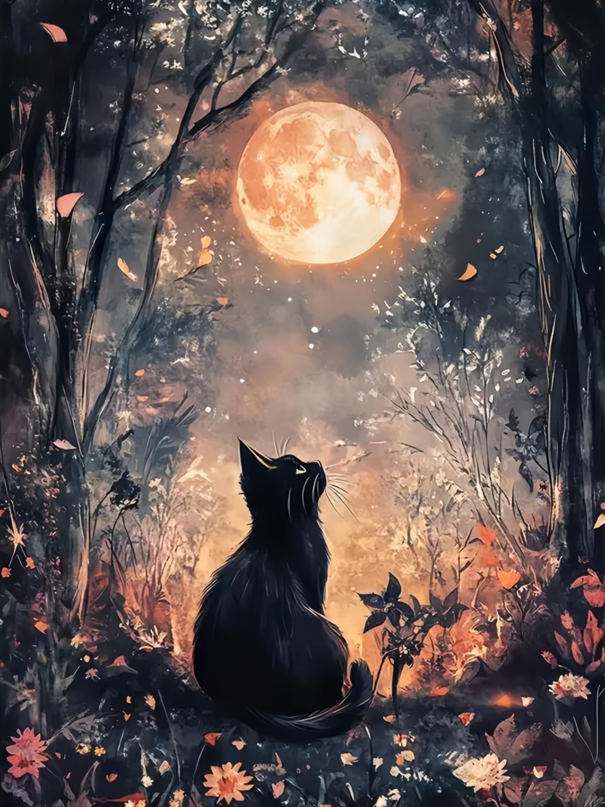 Black Cat Moon 5D DIY Diamond Painting Kits for Adults, Diamond Art Kits for Beginners, Full Drill Dot Painting Gem Art Kits for Home Wall Decor11.8 x15.7 Inch
