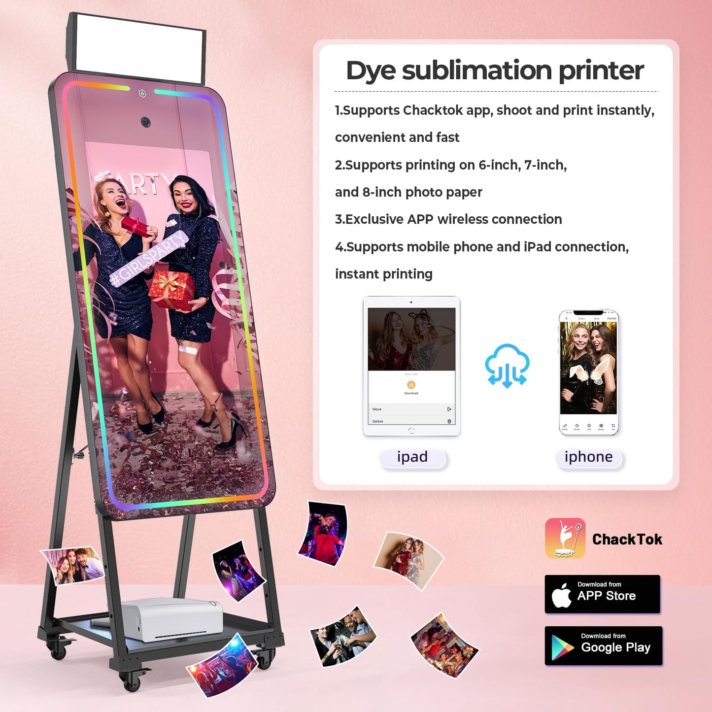 MWE Magic Mirror Photo Booth Machine Touch Screen with Printer,12MP 4K HD Camera,RGB Surround Light Music Sync,Professional Photography Light,Dual System,Software APP Remote Control (47in+Printer)