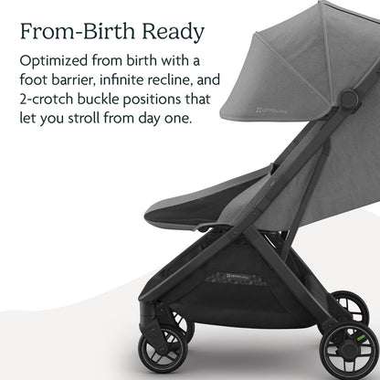 UPPAbaby Minu V3 Travel Stroller - Lightweight + Compact Design - One-Hand Fold + Unfold - from Birth + Overhead Compatible - Greyson (Charcoal Mélange/Carbon Frame/Saddle Leather)
