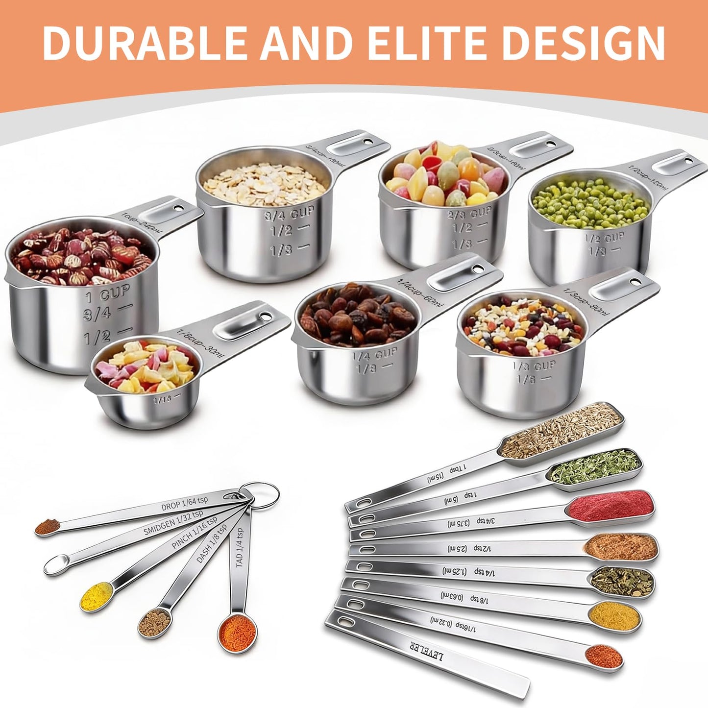EWFEN Measuring Cups and Spoons Set, 7 Stainless Steel Nesting Measuring Cups & 7 Spoons, 5 Mini Measuring Spoons &1 Leveler, Kitchen Gadgets for Cooking & Baking, Square