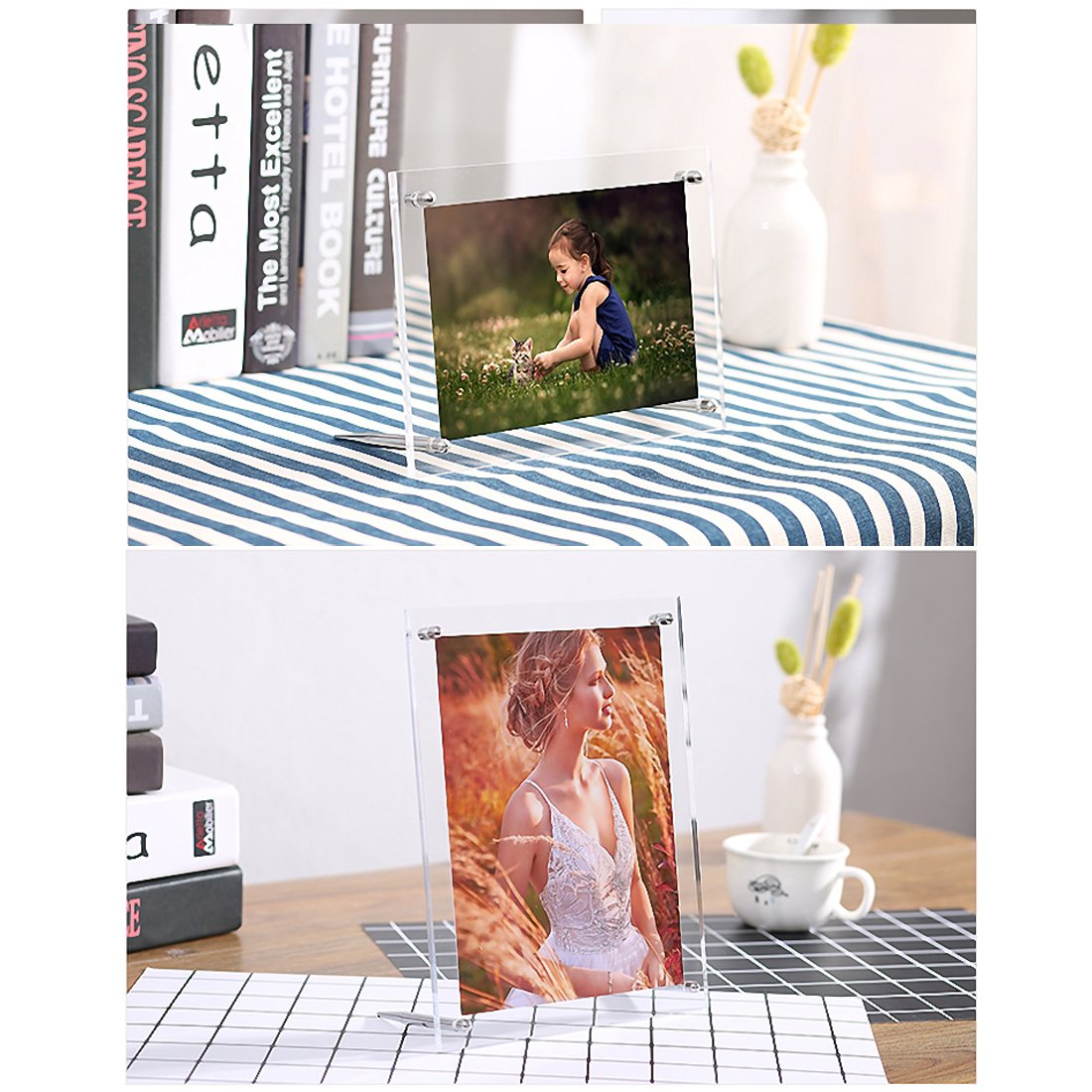 Acrylic Photo Frame Brackets for Hanging or Wall Mount - Floating and Desktop Picture Frame (5x7 inch, 5 Pack)