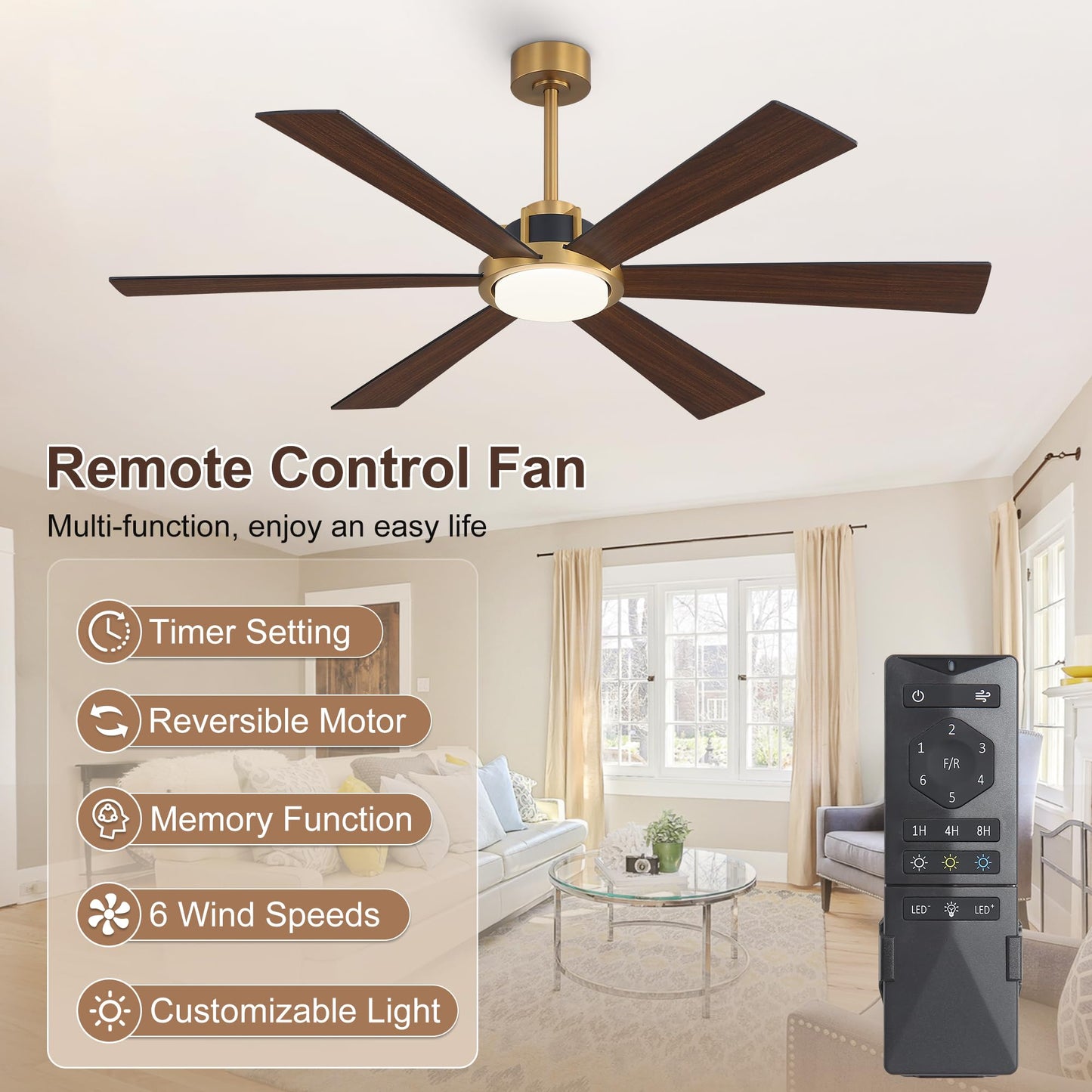 WINGBO 60 Inch Ceiling Fan with Light - 6 Plywood Blades, 6-Speed Reversible DC Motor, Noiseless Remote Control Ceiling Fans with Lights for Bedroom Living Room Kitchen, Gold and Walnut/Black