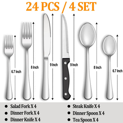 24 Pcs Silverware Set with Steak Knives Service for 4,Stainless Steel Flatware Set,Mirror Polished Cutlery Utensil Sets,Home Kitchen Eating Tableware,Include Fork Knife Spoon,Dishwasher Safe