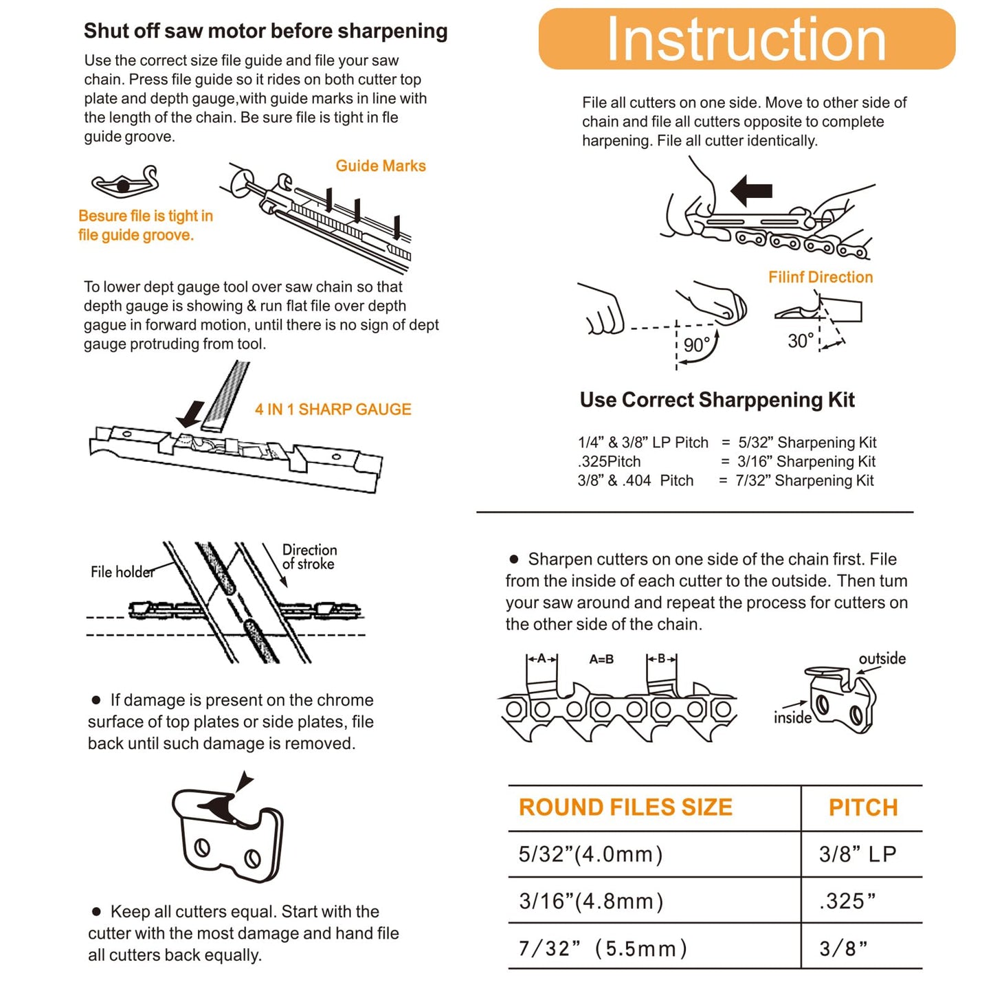 Windance 8pcs Saw Teeth Sharpening Set, 5/32 3/16 7/32 Inch Round Files 6 Inch Flat File Depth Gauge Filing Guide Wood Handle Chainsaw Sharpener File Kit