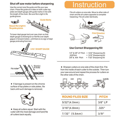 Windance 8pcs Saw Teeth Sharpening Set, 5/32 3/16 7/32 Inch Round Files 6 Inch Flat File Depth Gauge Filing Guide Wood Handle Chainsaw Sharpener File Kit