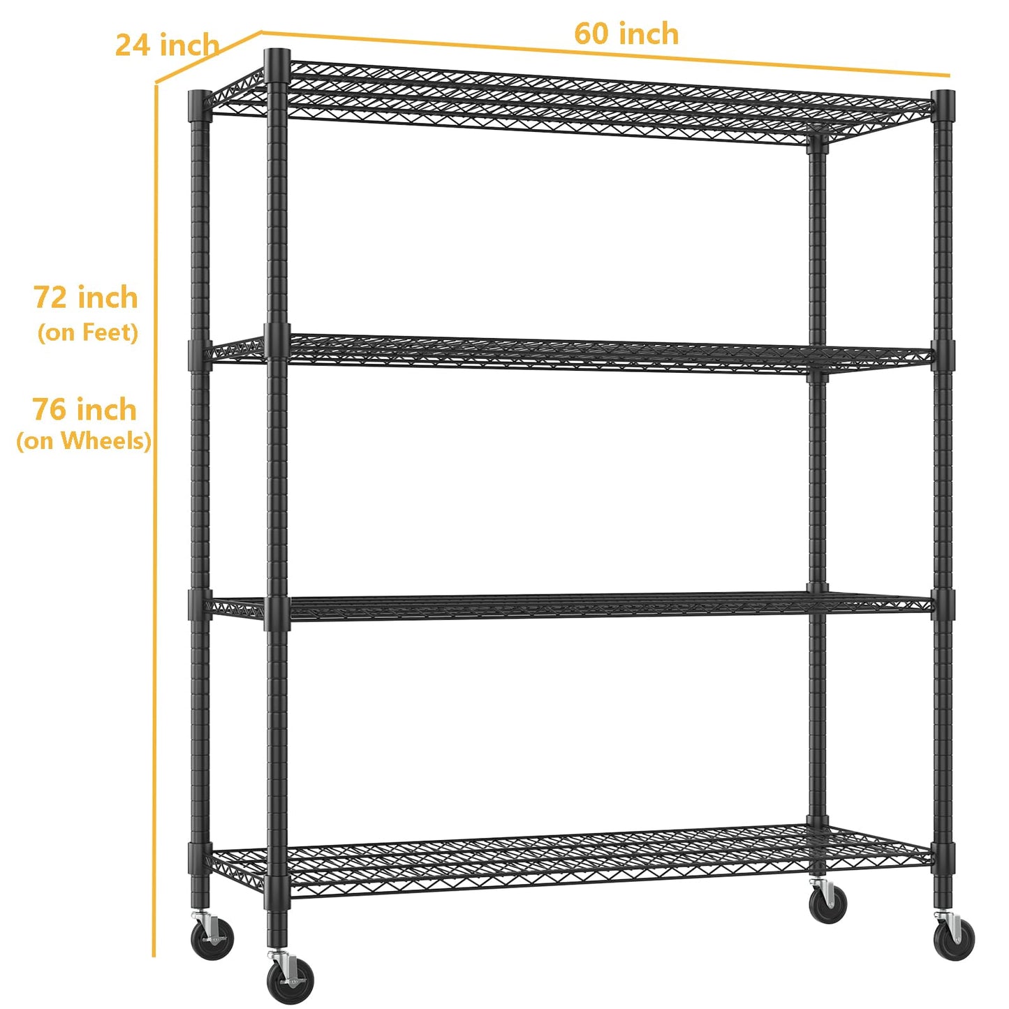 Himimi Storage Shelves 60" W Wire Shelving with Wheels 2600LBS Heavy Duty Metal Shelves for Storage, 4-Tier Adjustable Wire Rack Shelving Garage Shelving Kitchen Storage Shelves 24" Dx60 Wx72H, Black