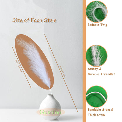 Artificial Faux Pampas Grass Large, 47"/120cm Bundle of 3 Fake Artificial Pampas Grass Tall Fluffy Stems, Floor Vase Filler for Living Room Kitchen Decor Boho Decor Wedding - White