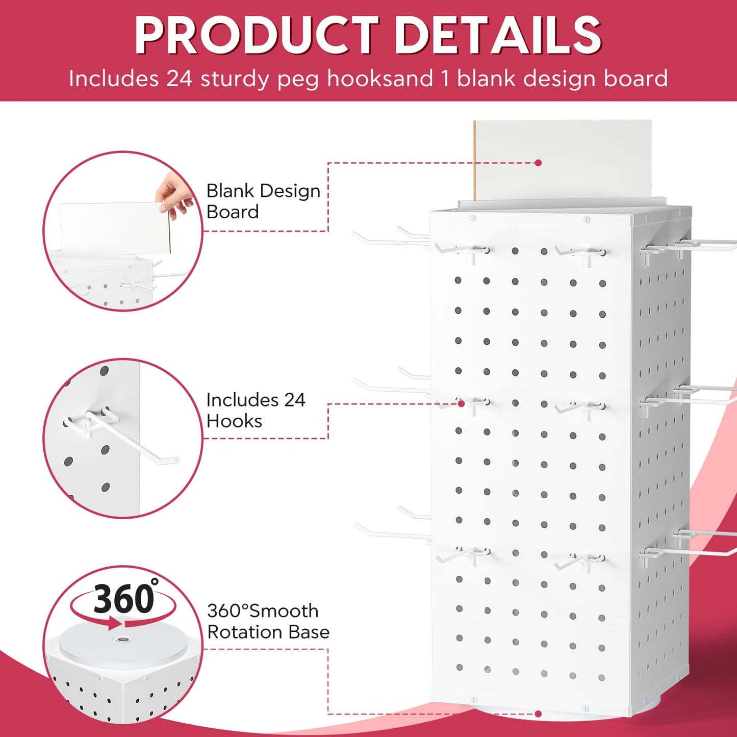 SIBRANT Rotating Pegboard Display Stand With 24 Hooks,Spinning Peg Board Displays,Tabletop Metal Pegboard Shelf for Craft Shows & Fairs, Retail Stores, Vendors Arts and Crafts (White)