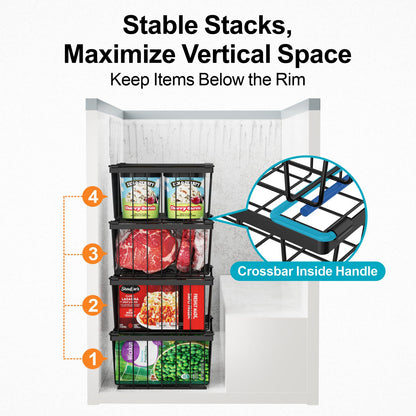 iSPECLE Freezer Organizer Bins - 4 Pack Stackable Deep Freezer Organizer Bins for 5 Cu.Ft Chest Freezer Sort Frozen Food, Heavy Duty Metal Storage Bins with Handles, Easy Access without Digging
