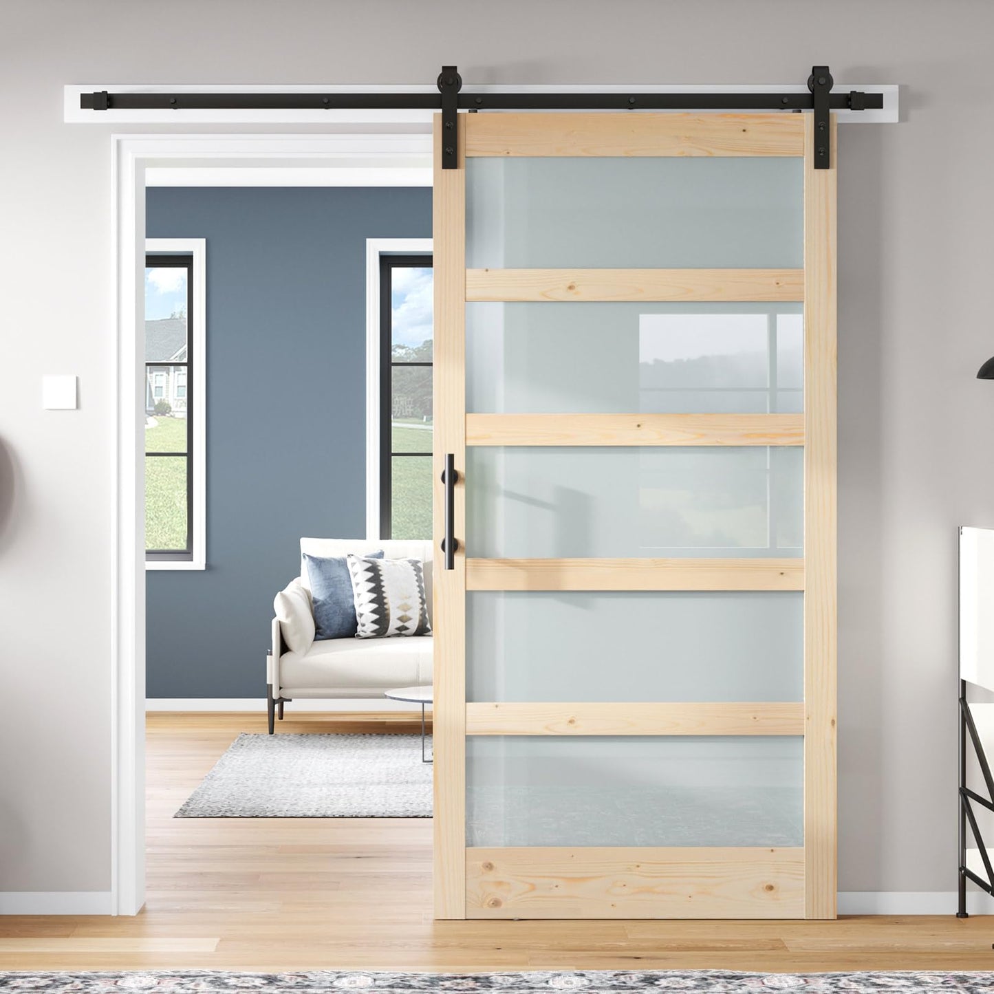 ROYMELO 42x84 inch Glass Sliding Barn Door Slab with 7ft Hardware Kit Included, 5-Panel Frosted Glass, Spruce Wood Support DIY Dyeing, Easy Assembly