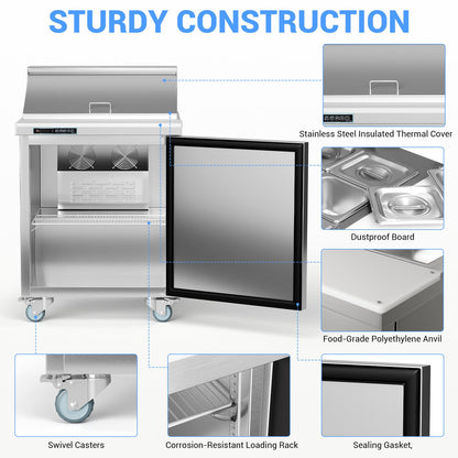 GarveeHome Commercial Refrigerator, 28" Undercounter Worktop Refrigerator,7.4 cu. ft W Single Door Thick Stainless Steel Refrigerator Sandwich Salad Prep Station Cooling with Cutting Board and 8 Pans
