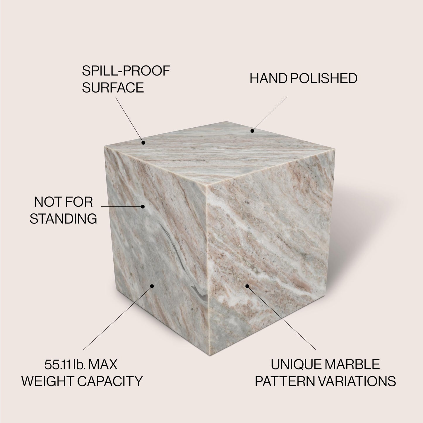 JONATHAN Y Felix 15" Solid Marble Cube End Table, Natural Stone Square Block Side Table for Living Room, Modern Glossy Pedestal Accent Table, Fully Assembled MTB1101A