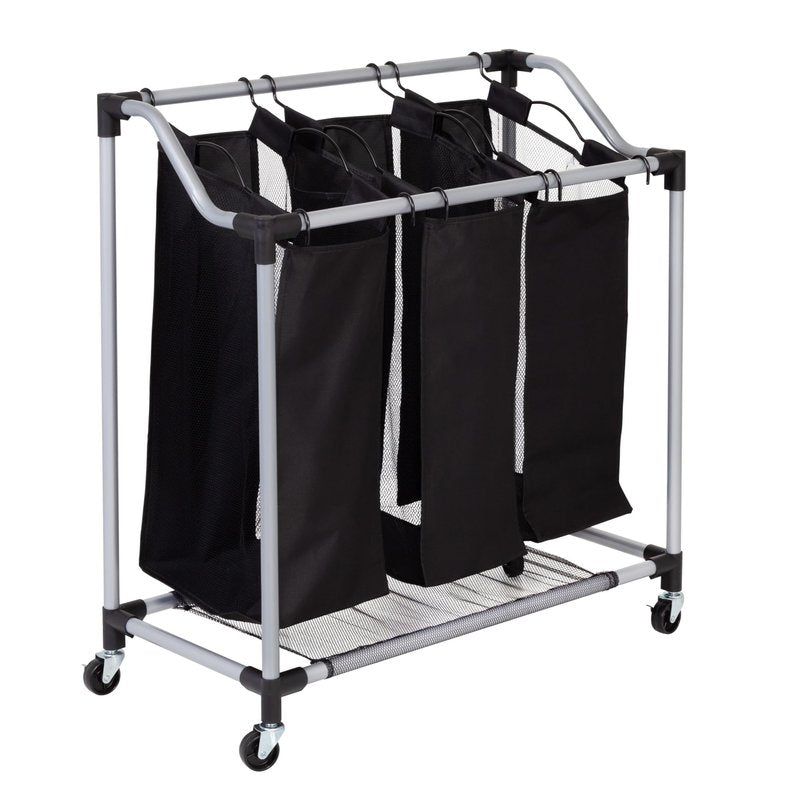 Honey-Can-Do Triple Laundry Sorter with Mesh 3 Bags, Steel/Black, 30.75" x 15" x 32.75"