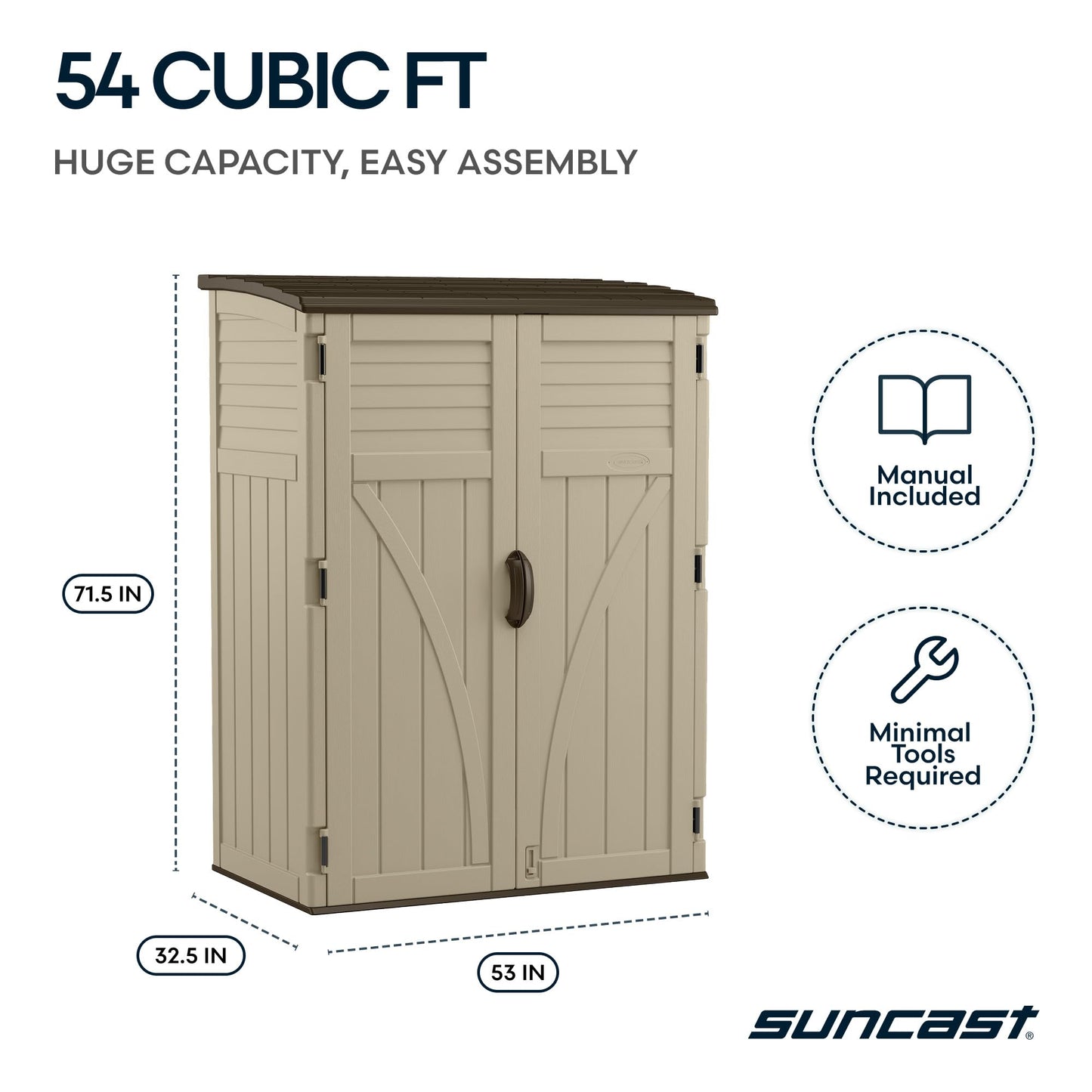 Suncast Outdoor Storage Shed, Water Resistant Resin Vertical Outdoor Storage Cabinet for Patio, Garden Tools, Cushions, & Equipment, Weatherproof Multi-Wall Design, 54 cu. ft., Made in USA
