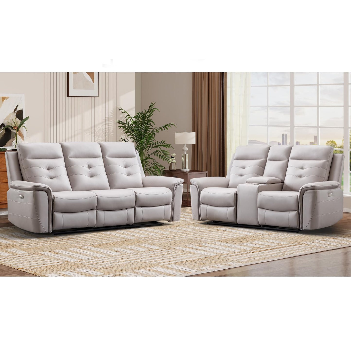 EBELLO 2 Pieces Faux Leather Power Recliner Sofa Set, Reclining Living Room Furniture Set, Included Loveseat and 3 Seat Electric Recliner Sofa, Modern Design for Living Room, Grey
