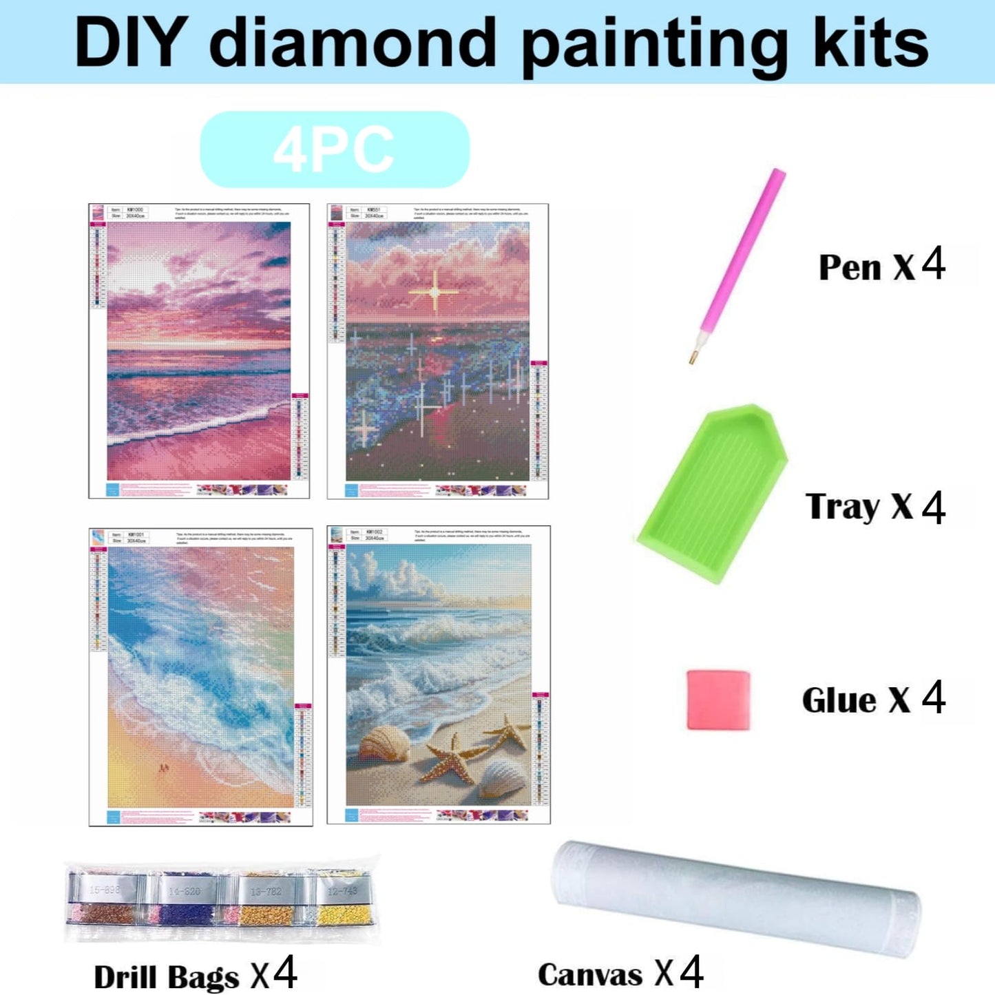 4 Pack Beach Sunset 5D diamond painting for adults Kits, Full Drill Coastal 5D diamond art kits for adults, Scenic Ocean gem art kits for adults, art dot painting Set Home Wall Decor 11.8x15.7 Inch
