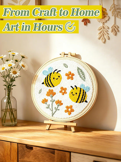Punch Needle Kit Adults Beginner - Step-by-Step Video & Guide, Includes Hoop/Needle/Yarns/Punch Needle Fabric with Pattern, Spring Embroidery Craft Gifts for Women, Bees