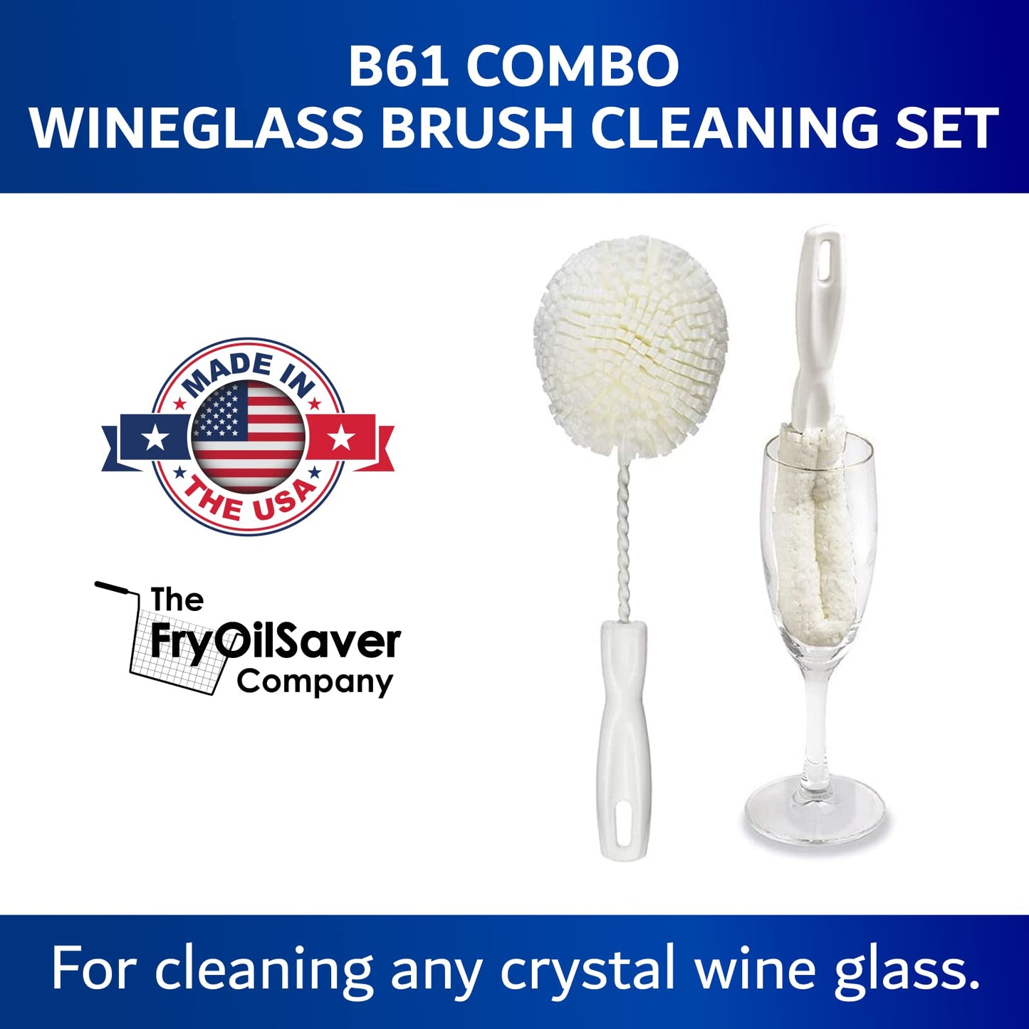 Set of 2 Crystal Stemware & Goblet Glass Cleaning Brush Kit - Non-Scratch Foam Wine Glass Brushes for Washing Glasses, Decanter, Mug, Stemware - for Home, Restaurant, Bar, Hotel - by FryOilSaver Co.