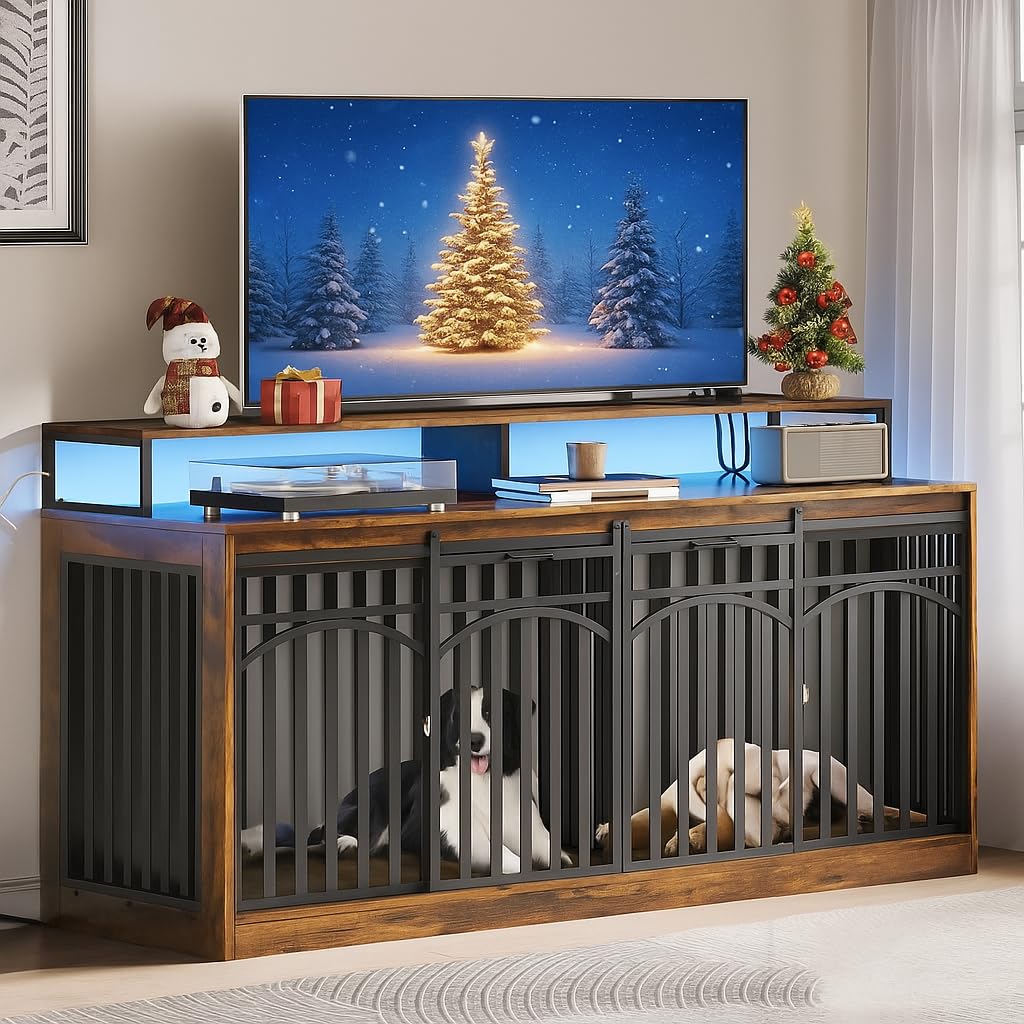 DWVO 71" Double Dog Crate Furniture with LED Light & Power Outlets, Heavy Duty Dual Dog Kennel TV Stand w Storage Shelves Sliding Doors, Wooden Two Dog Cage Table 2 Medium Large Dogs, Rustic Brown