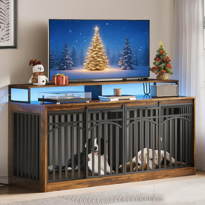 DWVO 71" Double Dog Crate Furniture with LED Light & Power Outlets, Heavy Duty Dual Dog Kennel TV Stand w Storage Shelves Sliding Doors, Wooden Two Dog Cage Table 2 Medium Large Dogs, Rustic Brown