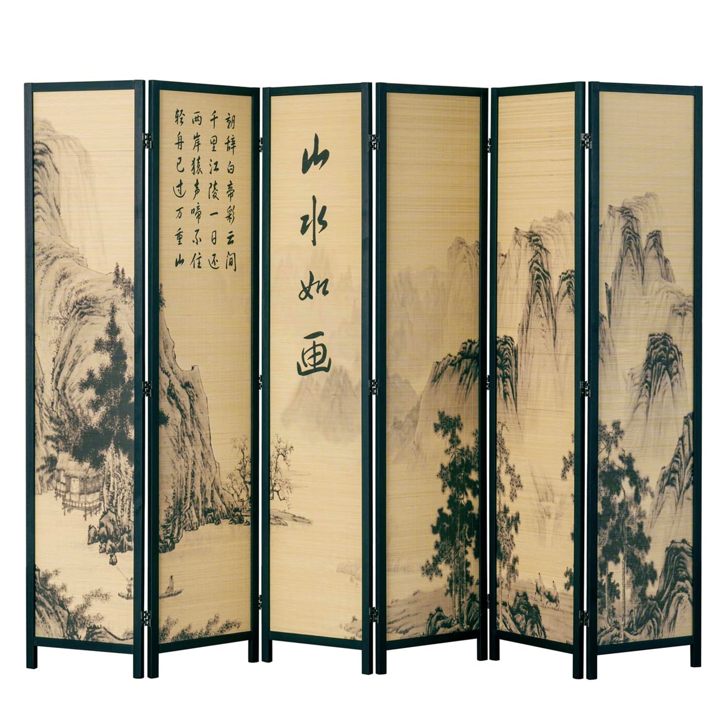 MyGift Decorative 6 Panel Folding Room Divider Bamboo Screen with Chinese Calligraphy Design, 6FT Freestanding Floral Artwork Room Partitioner with Black Wood Frame 94.5''W x 69''H