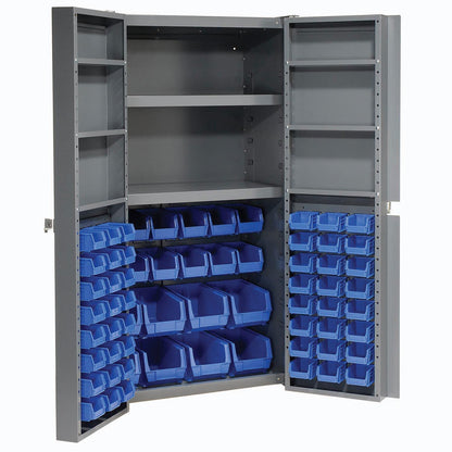 Global Industrial Deep Door Bin Cabinet, Includes 68 Blue Plastic Bins, Padlockable Steel Cabinet, 38" W x 24" D x 72" H, for Tool and Parts Storage, Assembly Required