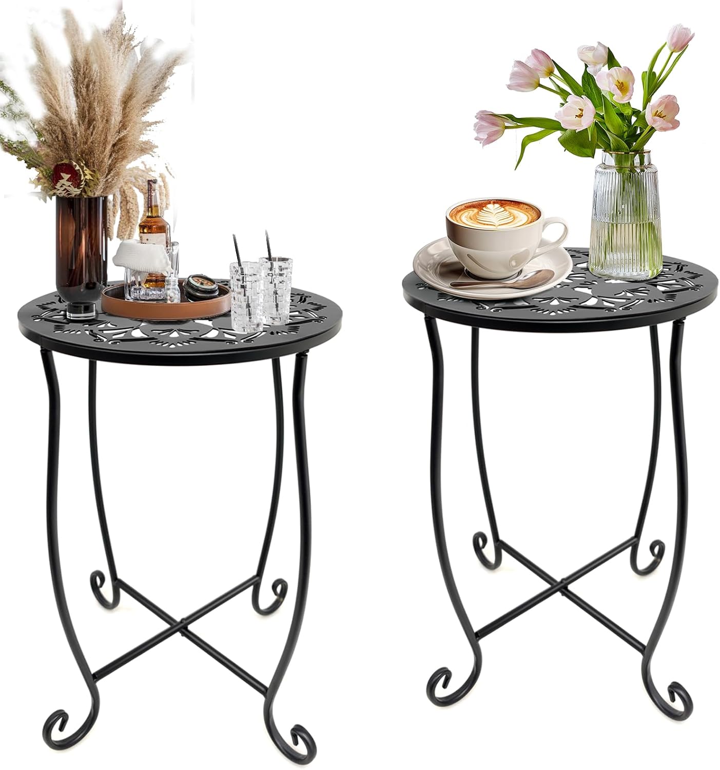 Fashion&cool 2 Pack Outdoor Side Tables for Small Space, Patio Side Table, Weather Resistant Metal Small Round Outdoor