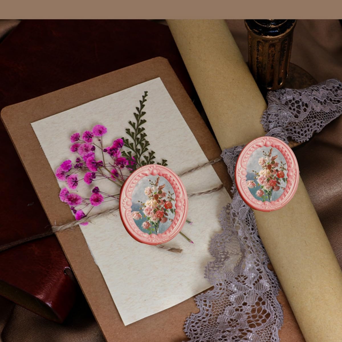 3D Embossed Frame Wax Seal Stamp, Frame Relief Carving Sealing Stamp Set with 150Pcs Sealing Wax Beads in 5 Color, Melt Spoon Pen Kit for Wedding and Christmas (KM10)