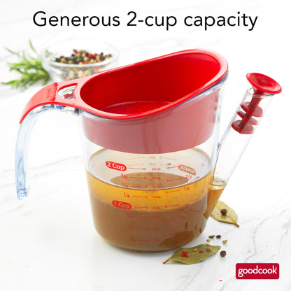 GoodCook Everyday Fat Separator for Cooking, 2-Cup Heat-Resistant Separator with Pour Spout, Bottom Release Fat Separator for BBQ and Gravy, Strainer and Silicone Stopper for Mess-Free Use