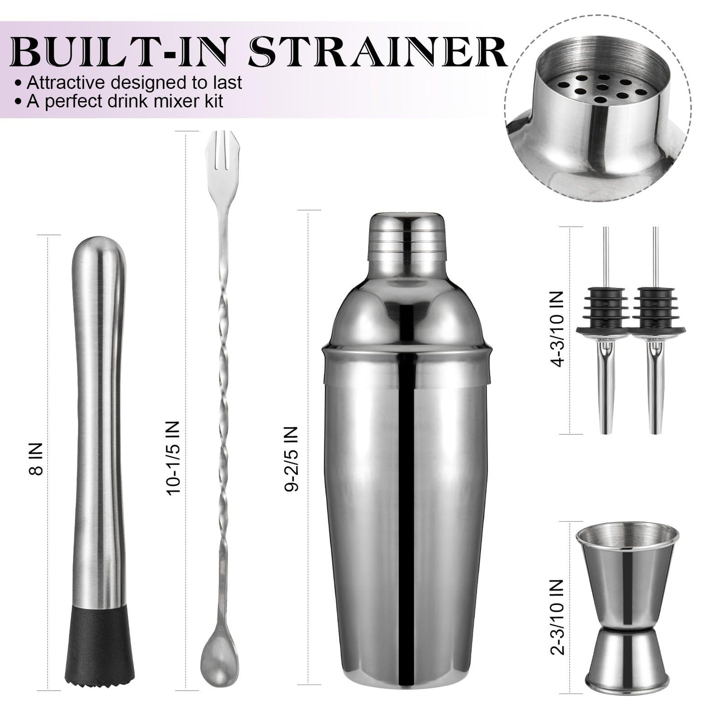Cocktail Shaker Set, 6-Piece 18/8 Food-Grade Stainless Steel Mixology Bartender Kit - Premium Bar Tools with Muddler, Jigger, Spoon & Pourers - Rust-Proof, Leak-Proof & Dishwasher Safe Gift for Men