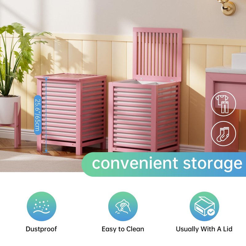 SMIBUY Double Laundry Hamper with Lid, 120L Bamboo Laundry Basket with Removable Liner Bag, 2-Section Clothes Divider Laundry Sorter for Laundry Room, Bathroom, Bedroom (Pink)