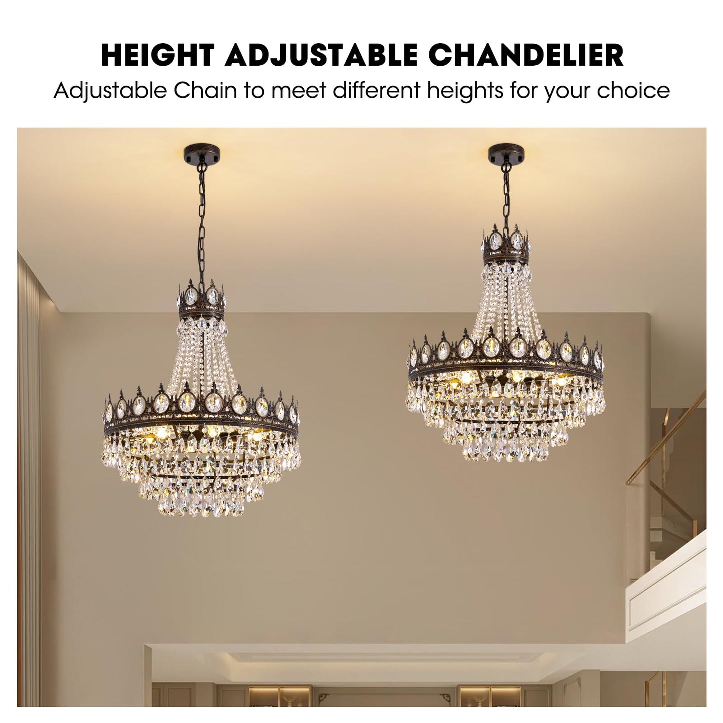 7PM French Empire Crystal Chandeliers, Vintage Crystal Chandelier, Antique Bronze Chandelier, Rustic Farmhouse Ceiling Light Fixture for Dining Room Bedroom Living Room Kitchen Foyer, W 24"