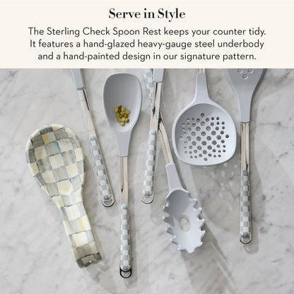 MACKENZIE-CHILDS Enamel Spoon Rest, Kitchen Spoon Holder and Utensil Rest for Stovetop, Grey-and-White Sterling Check