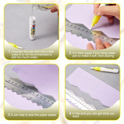 Henoyso 7 Pcs Metal Paper Tearing Ruler Deckle Edge Craft Stainless Steel Paper Cut Tool 12 Inch Irregular Edges Ruler Measurements Tool with 2 Watercolor Pen for Craft School Scrapbook