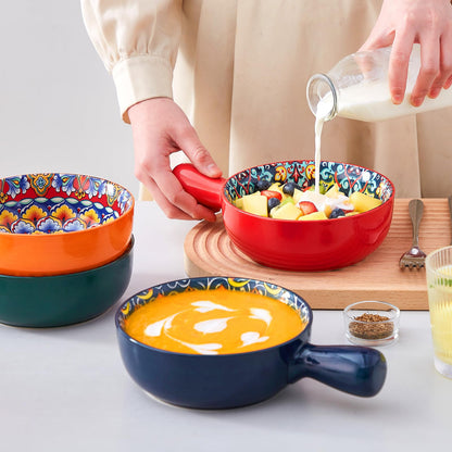 vancasso Soup Bowls with Handles, 23 Oz French Onion Soup Bowls Oven Safe, Bohemian Ceramic Soup Crocks for Cereal, Pasta, Beef Stew, Chilli, Microwave Dishwasher Safe-6.2 inch, Set of 4