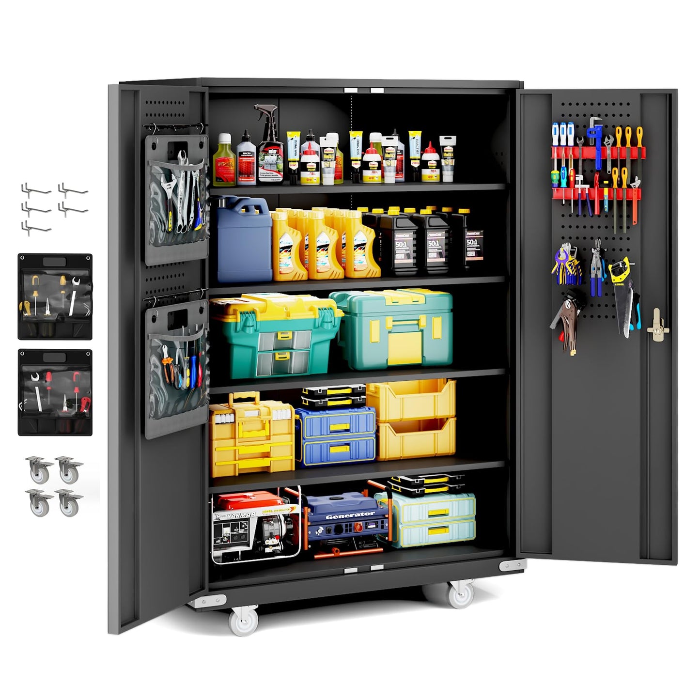 Hymula 72"H x 43"W x 22"D Upgraded Wide & Deep Metal Garage Storage Cabinet Tool Rolling Garage Cabinets with Doors, Adjustable Shelves Wheels & Pegboards for Office, Warehouse, Garage, Gym, Workshop
