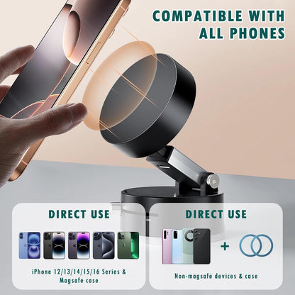 Car Phone Holder Upgraded Vacuum Magnetic Phone Holder for Car with N52 Magnet, Adjustable Suction Cup Phone Mount, Includes Metal Ring & Adhesive Pad, Fits iPhone & Android