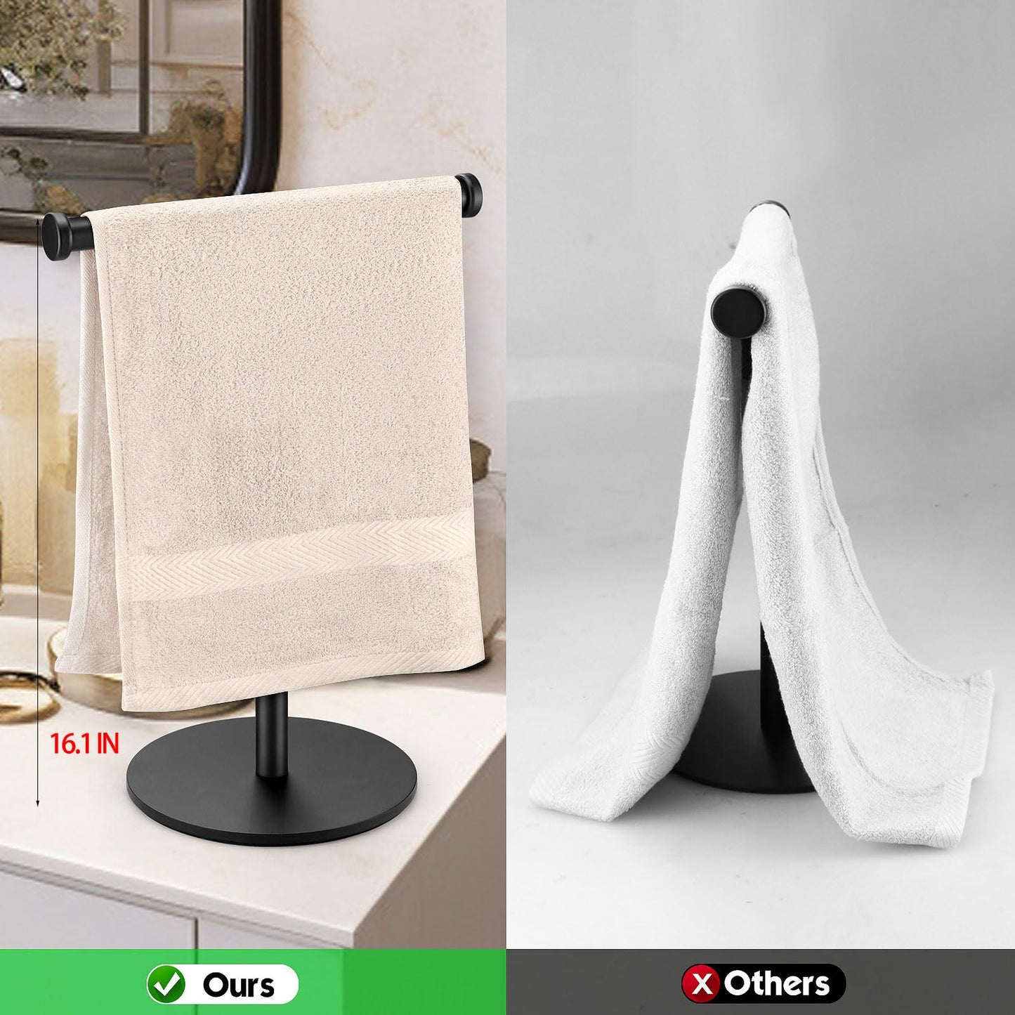Hand Towel Holder, Matte Black Bathroom Towel Racks, Countertop Towel Stand, T-Shape Towel Holder for Bathroom Kitchen, Size 11" L x 6.7" W x 16.1" H