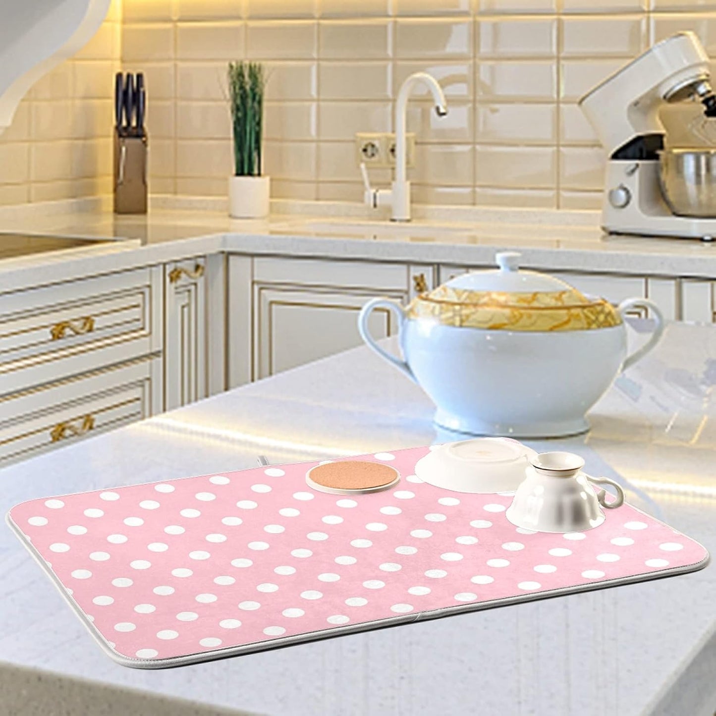 Pink White Polka Dot Dish Drying Mat for Kitchen Counter, 18 x 24 Inch Absorbent Microfiber Drainer Mat