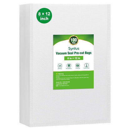 Syntus Vacuum Sealer Bags for Food, 100 Count Quart 8" x 12" Commercial Grade PreCut Bag, BPA Free Food Vac Bags for Storage, Meal Prep or Sous Vide